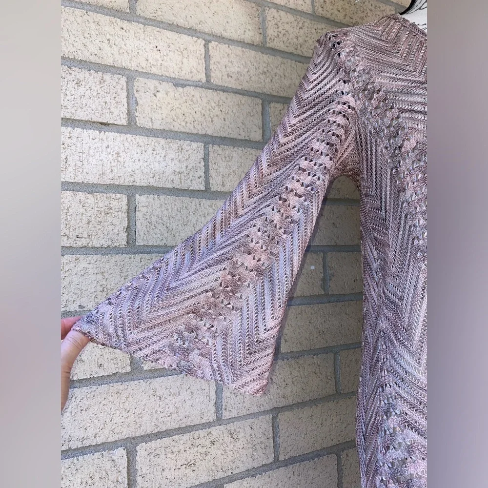 Elif Open Knit V Neck Shiny Metallic Pink Grey Swim Cover Up Tunic Bell Sleeves